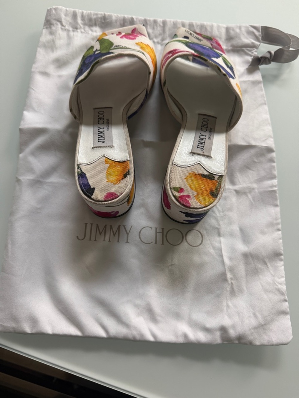 Jimmy Choo Floral Canvas Open-Toe Mules - White with Pink, Purple, Yellow, Green - Picture 6 of 6